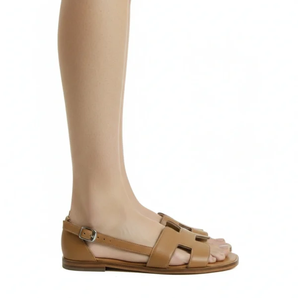 Sandale à Talon Compensé Femme en Cuir Tabac