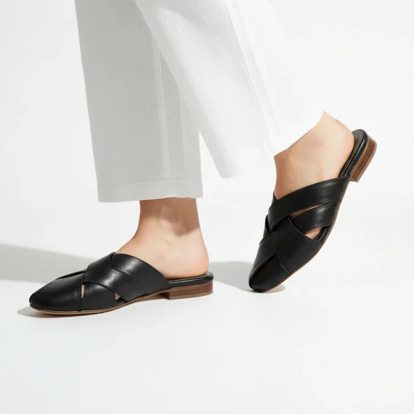 Mule Croisée Femme en Cuir Noir