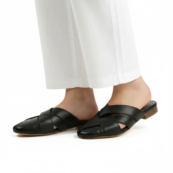 Mule Croisée Femme en Cuir Noir