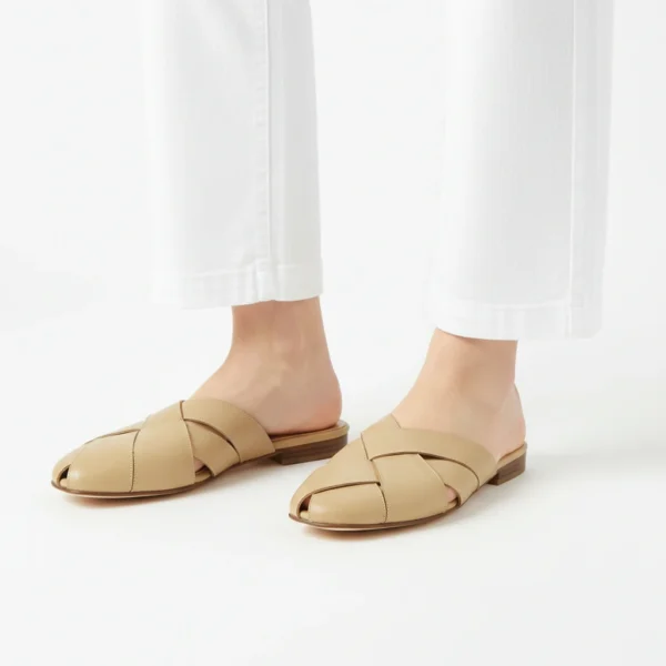 Mule Croisée Femme en Cuir Beige
