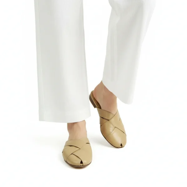 Mule Croisée Femme en Cuir Beige