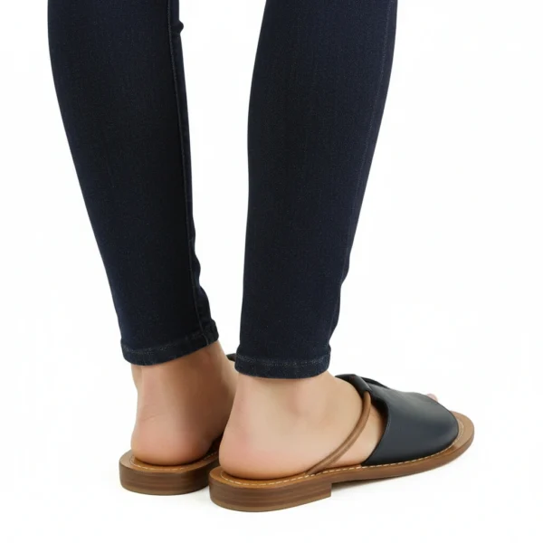 Sandale T-Bar Femme en Cuir Bleu Marine