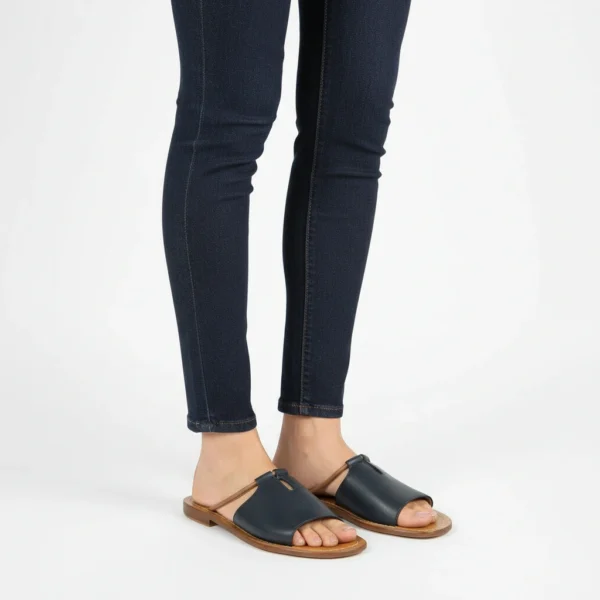 Sandale T-Bar Femme en Cuir Bleu Marine