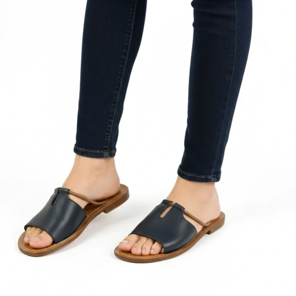 Sandale T-Bar Femme en Cuir Bleu Marine