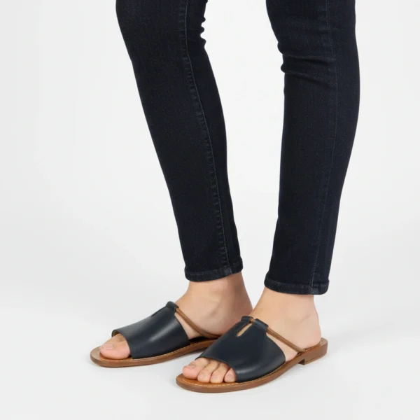 Sandale T-Bar Femme en Cuir Bleu Marine