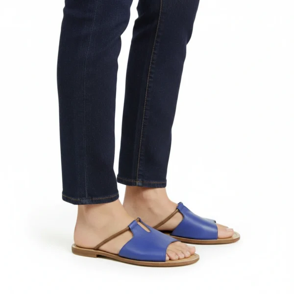 Sandale T-Bar Femme en Cuir Bleu