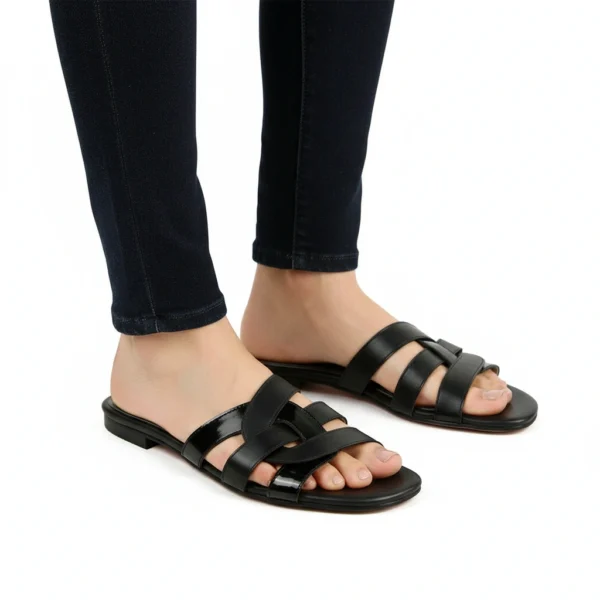 Sandale Plate Femme en Cuir Noir