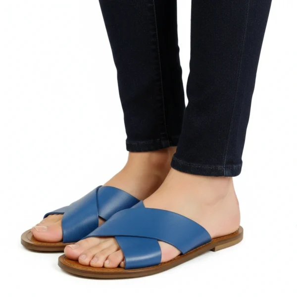 Sandale Croisée Femme en Cuir Bleu